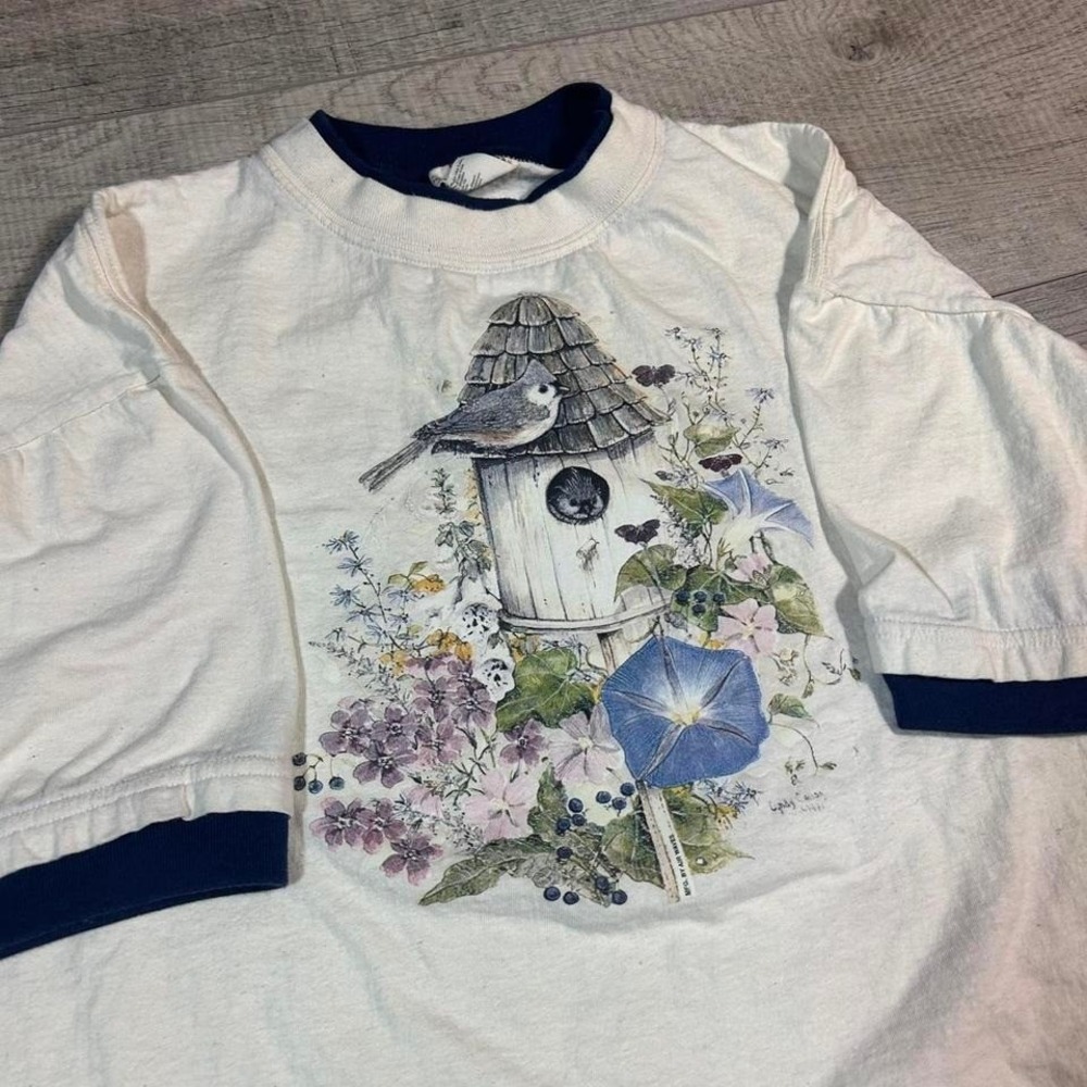 Vintage 90s layered double face cottage core indie Cute vintage birdhouse tee‎ L